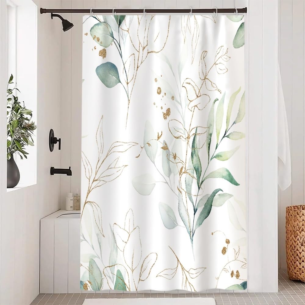 Uiiooazy Eucalyptus Shower Curtain, Sage Green Gold Leaves Pattern Bath Curtain Mildew and Mould Resistant Waterproof Polyester Fabric Washable