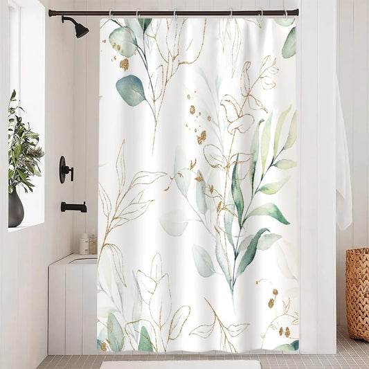 Uiiooazy Eucalyptus Shower Curtain, Sage Green Gold Leaves Pattern Bath Curtain Mildew and Mould Resistant Waterproof Polyester Fabric Washable