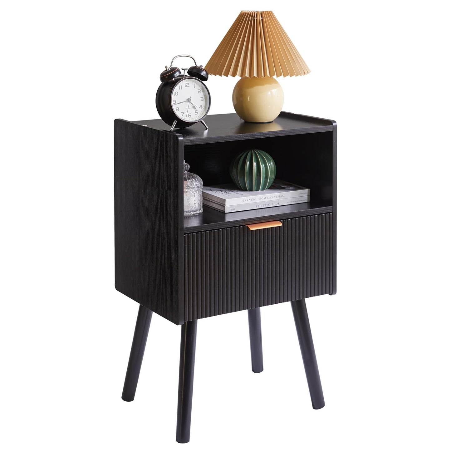 Aibiju Modern Nightstand with Drawer, Bedside Tables, Mid Century Nightstands with Open Storage Shelf, Wood Leg Bedside Table