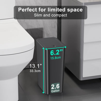 2Pack Bathroom Bin with lid,Push Button Slim Kitchen Bin,Plastic Bins for Toilet, Dog Proof Thin Bathroom,Trash Can for Bedroom Office Living Room