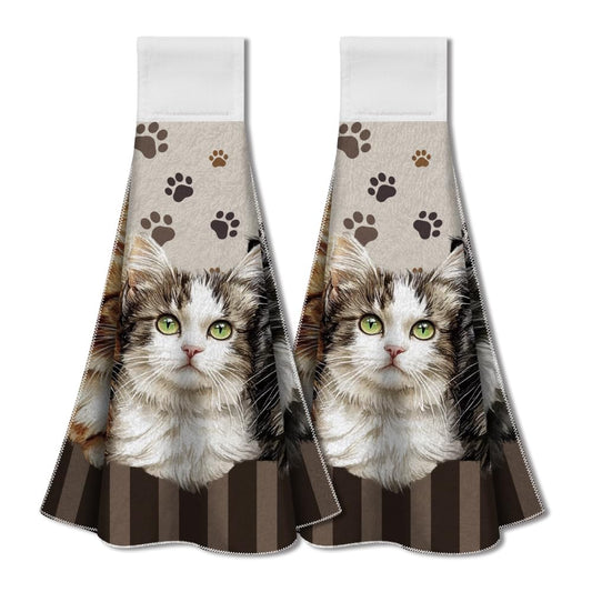 WADORN 2Pcs Cats Kitchen Towels with Hanging Loop, Funny Cats Kitchen Hand Towel Dishcloth Towels Cute Cat Soft Absorbent Hanging Tie Towel for