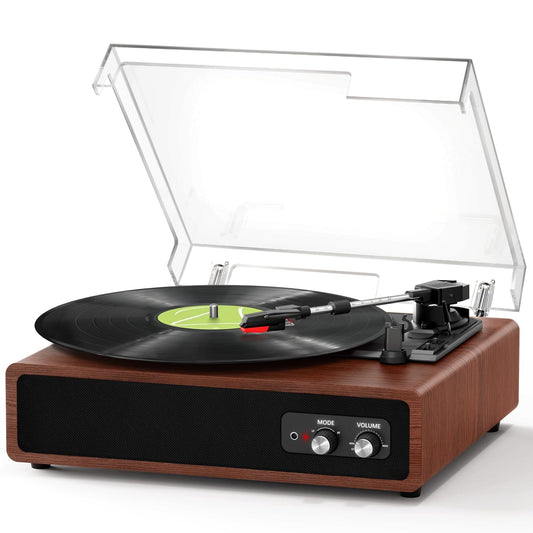 FYDEE Record Player, Dual-Way Bluetooth Vinyl Player Driven by Belt 3 Speed, Vinyl Record Player with Built-In 2 Stereo Speakers, Portable Retro