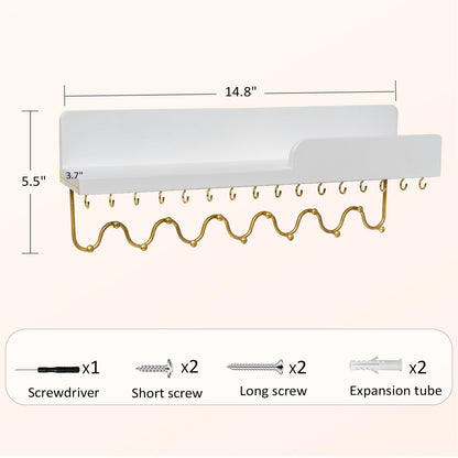 Lampaggio 29 Hooks Wall Mount Necklace Holder Organizer, White Decorative Wood Jewelry Shelf with Gold Metal Wave Bar and Guardrail for Necklace