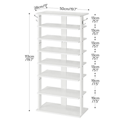 HOOBRO Shoe Rack Wooden, White Shoe Rack, Narrow Shoe Storage Organizer with 2 Hooks, Slim Shoe Shelf, Vertical Shoe Tower for Entrance, Living Room,