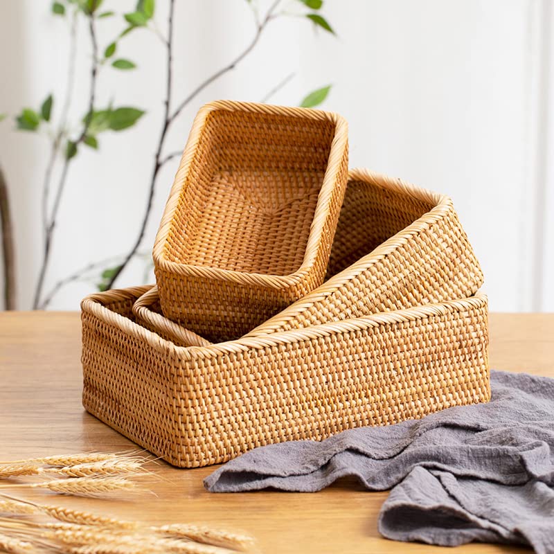 Rattan Storage Baskets, Wicker Baskets for Organizing, Hand Woven Decorative Box for Kitchen Counter, Living Room, Bathroom, Set of 3 (Rectangular)
