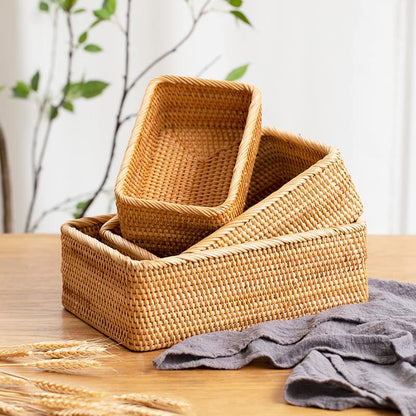 Rattan Storage Baskets, Wicker Baskets for Organizing, Hand Woven Decorative Box for Kitchen Counter, Living Room, Bathroom, Set of 3 (Rectangular)