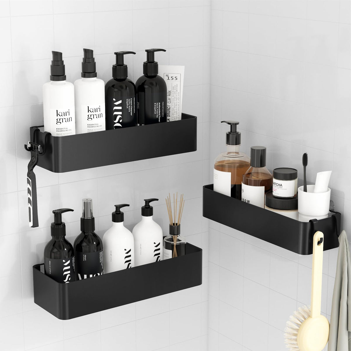 Kitsure 3 Pack Rustproof Shower Caddy - 2 Shelves, Drill-Free & Quick-Dry Shower Organizer, Rustproof Bathroom Shelves with 4 Hooks, Large, Black