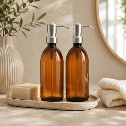 AVALON Brown Amber Plastic Bottles - Brushed Steel Metal Pump 500ml - Pack of 2 - Refillable Plastic Soap Dispenser Bottle for Bathroom/Kitchen