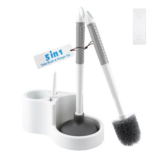 Topsky 5-in-1 Toilet Brush and Plunger Set with Holder for Bathroom Cleaning, White