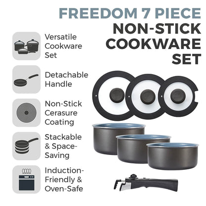 Tower Freedom T800201 7 Piece Cookware Set with Ceramic Coating, Stackable Design and Detachable Handle, Graphite, Aluminium, Black