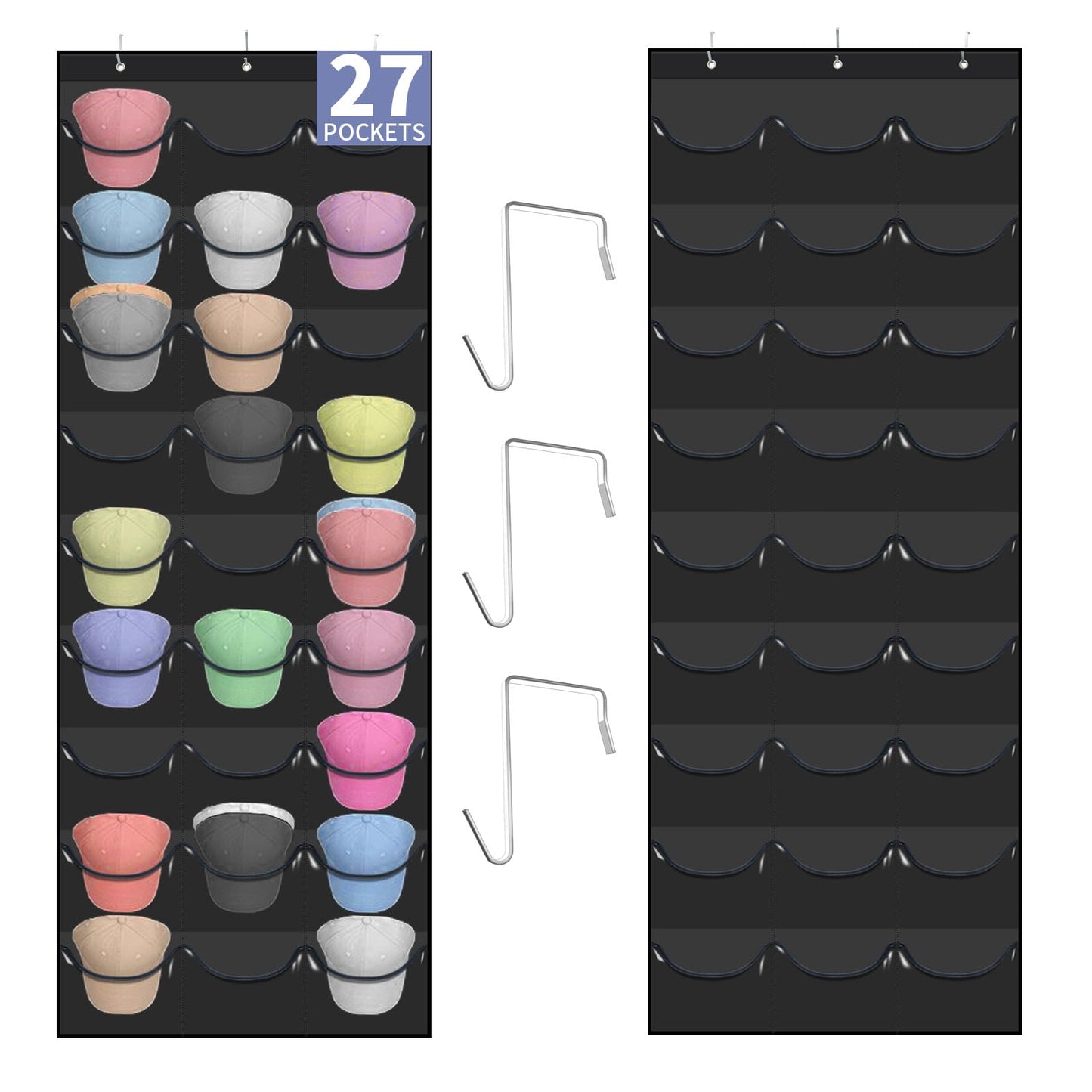 clbutge Baseball Cap Organizer, 27 Pocket Over The Door Hat Rack, Clear PVC Pockets, Fitted Hat Storage, Wall Mount Bag, Hat Holder Hanger