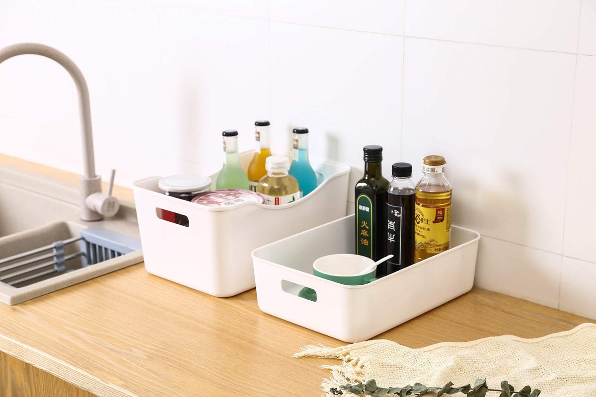 BigTron Quality Plastic Storage Boxes Large White Bathroom Storage Baskets, Durable Tidy Organizers for Home Cupboard Cabinet Shelves