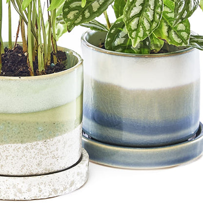 Chive ?Minute? Ceramic Plant Pots ? Cute, Beautiful Pots for Flowers & House Plants Indoor & Outdoor ? Set of 3 ? Green & Blue