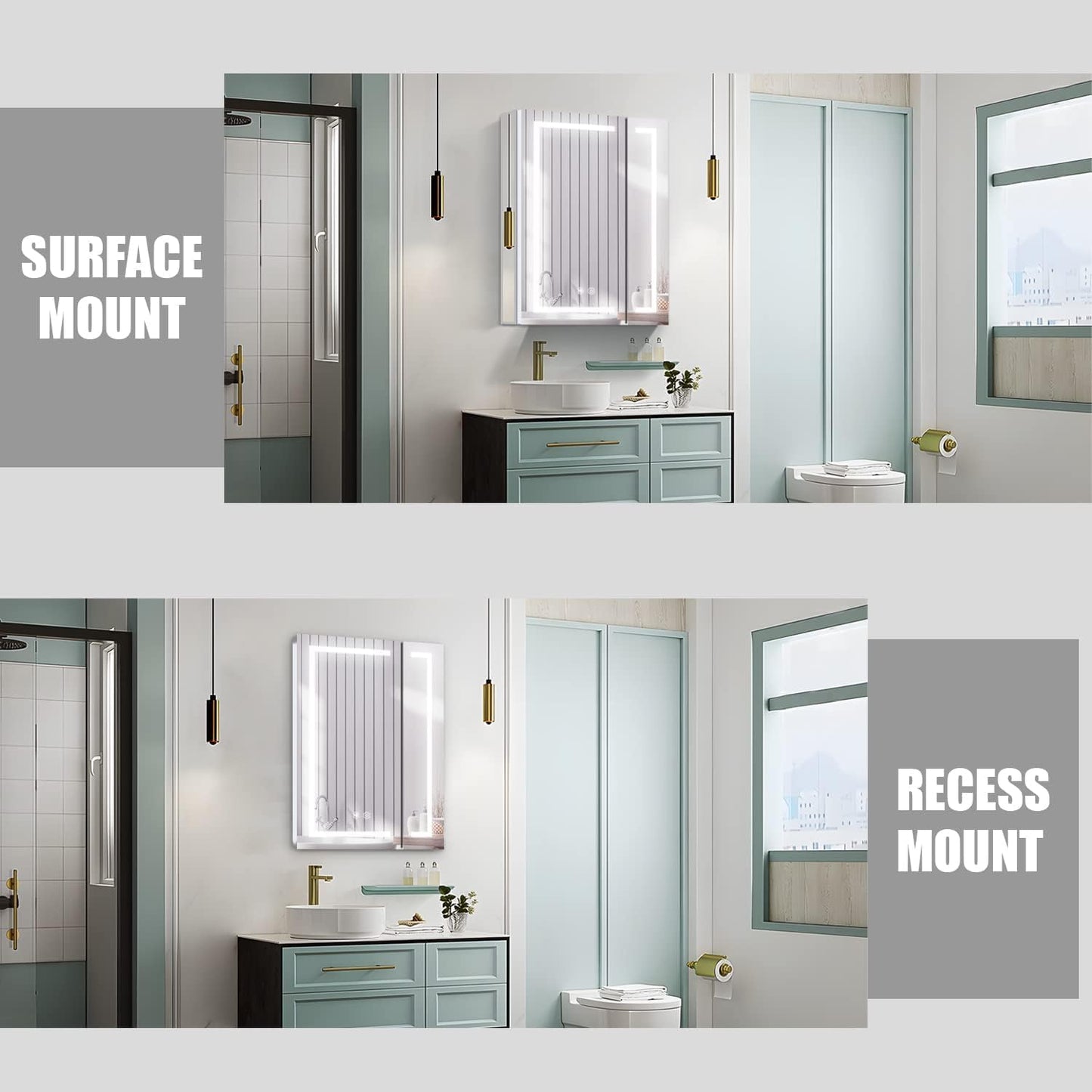 Janboe LED Mirror Cabinet,Bathroom Mirror Cabinet with Lights,61cm×71cm,Equip with Internal Light,Aluminum Construction,USB Shaver Socket,3