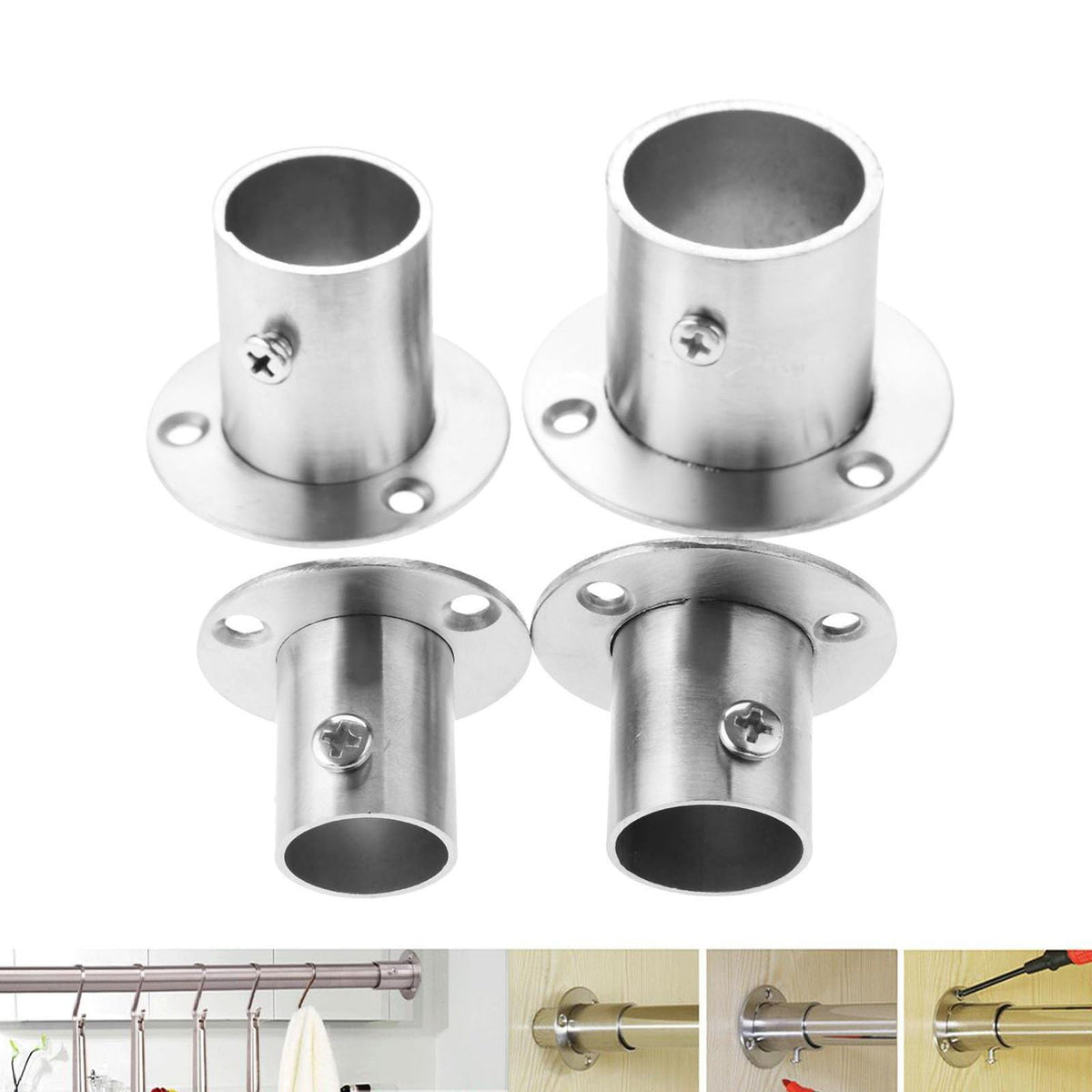 zalati Wardrobe Brackets 4pcs Rail Supports Hanging Pole Tubes Rod End Sockets Flange Holders for Closet Curtain Kitchen Bathroom Balcony - 25mm