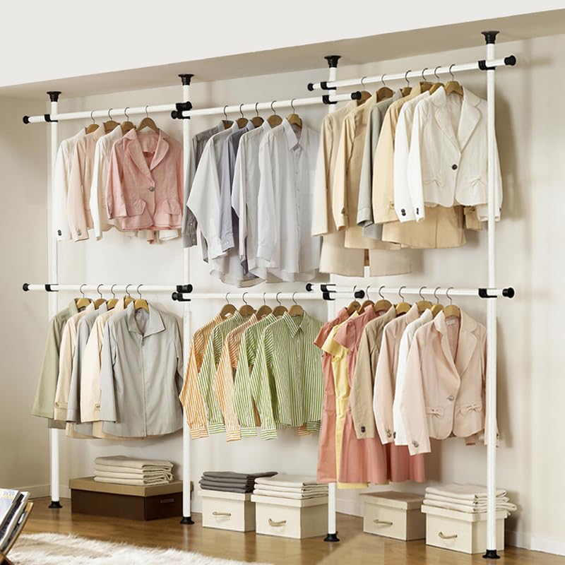 House of Home Heavy Duty Triple Telescopic Clothes Rail - Rail Wardrobe Replacement Adjustable Shelving Rack Clothes Storage & Organiser for Shirts,