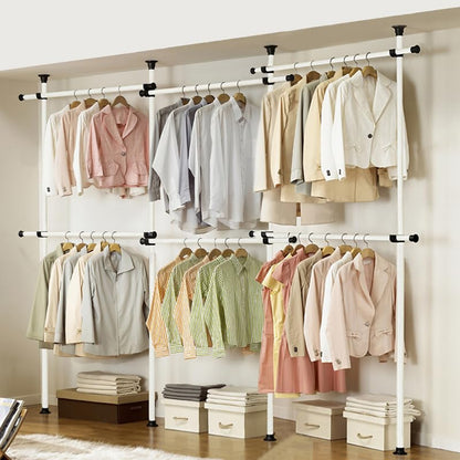 House of Home Heavy Duty Triple Telescopic Clothes Rail - Rail Wardrobe Replacement Adjustable Shelving Rack Clothes Storage & Organiser for Shirts,