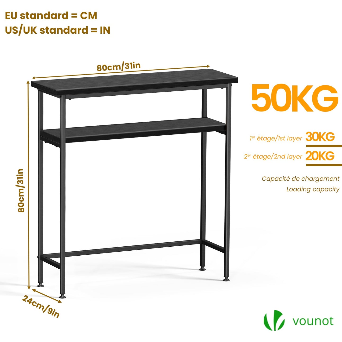 VOUNOT® Narrow Console Table, 2- Tier Slim Metal Frame Entryway Table, Small Sofa Side Table with Storage Shelf for Hallway, Living Room or Bedroom