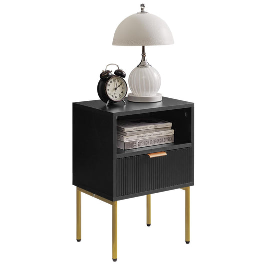 IBUYKE Nightstand, Mid-Century Modern Bedside Table with Storage Drawer, Small Black Night Stand, Side End Table with Gold Frame for Bedroom, Living
