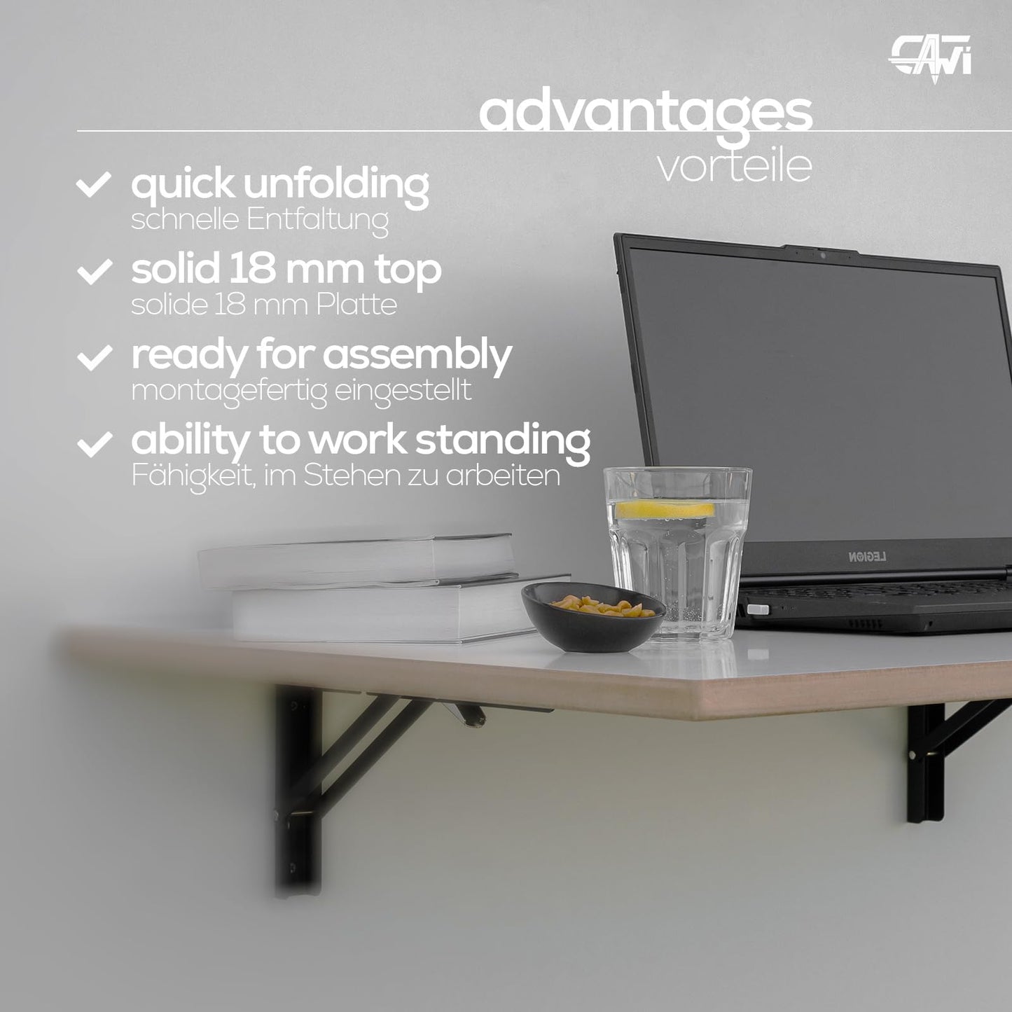 CAWI Sturdy Wall Folding Table Made of Solid Wood: Space-saving, Foldable Kitchen Table and Floating Desk, Laminated MDF Folding Table