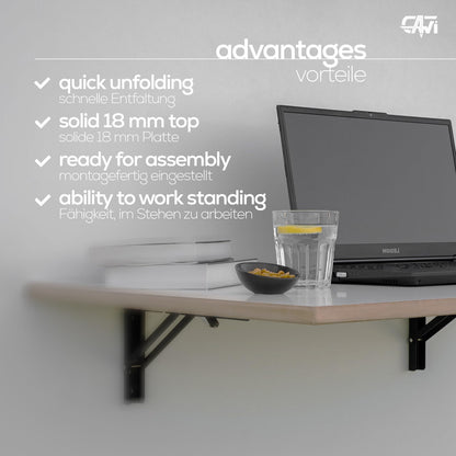CAWI Sturdy Wall Folding Table Made of Solid Wood: Space-saving, Foldable Kitchen Table and Floating Desk, Laminated MDF Folding Table