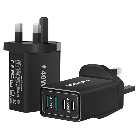 2-Pack USB C Plug, 40W 4-Port Multi USB Plug UK Fast Charger Plug Dual Port USB-C Power Adapter + QC USB Wall Plug Multiport Type C Charging Plug for