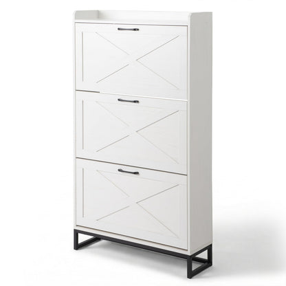 Bonnlo Barn Door Shoe Cabinet with 3 Flip Bins, High Capacity Shoe Storage, Adjustable Shelves & Anti-Tip Design (Distressed White)