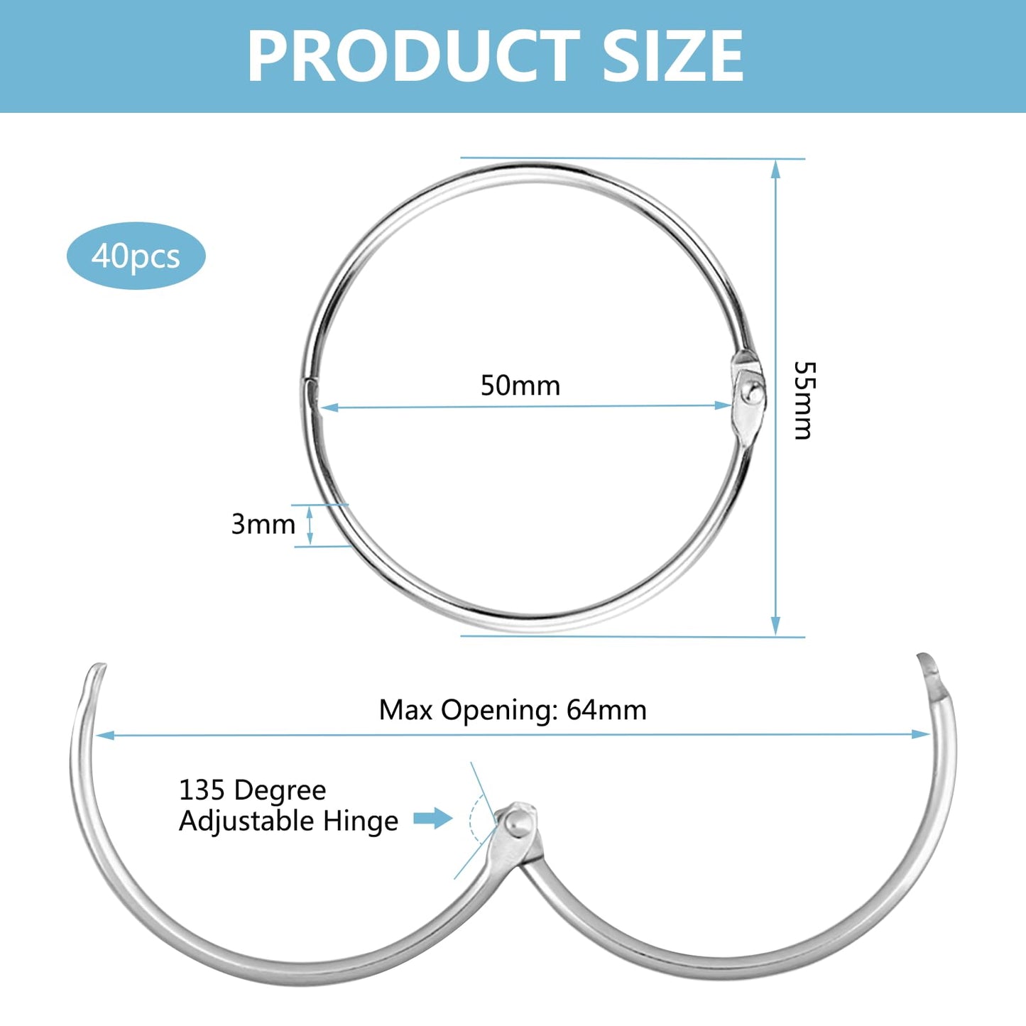 40 Pieces Large Shower Curtain Rings, Metal Curtain Ring