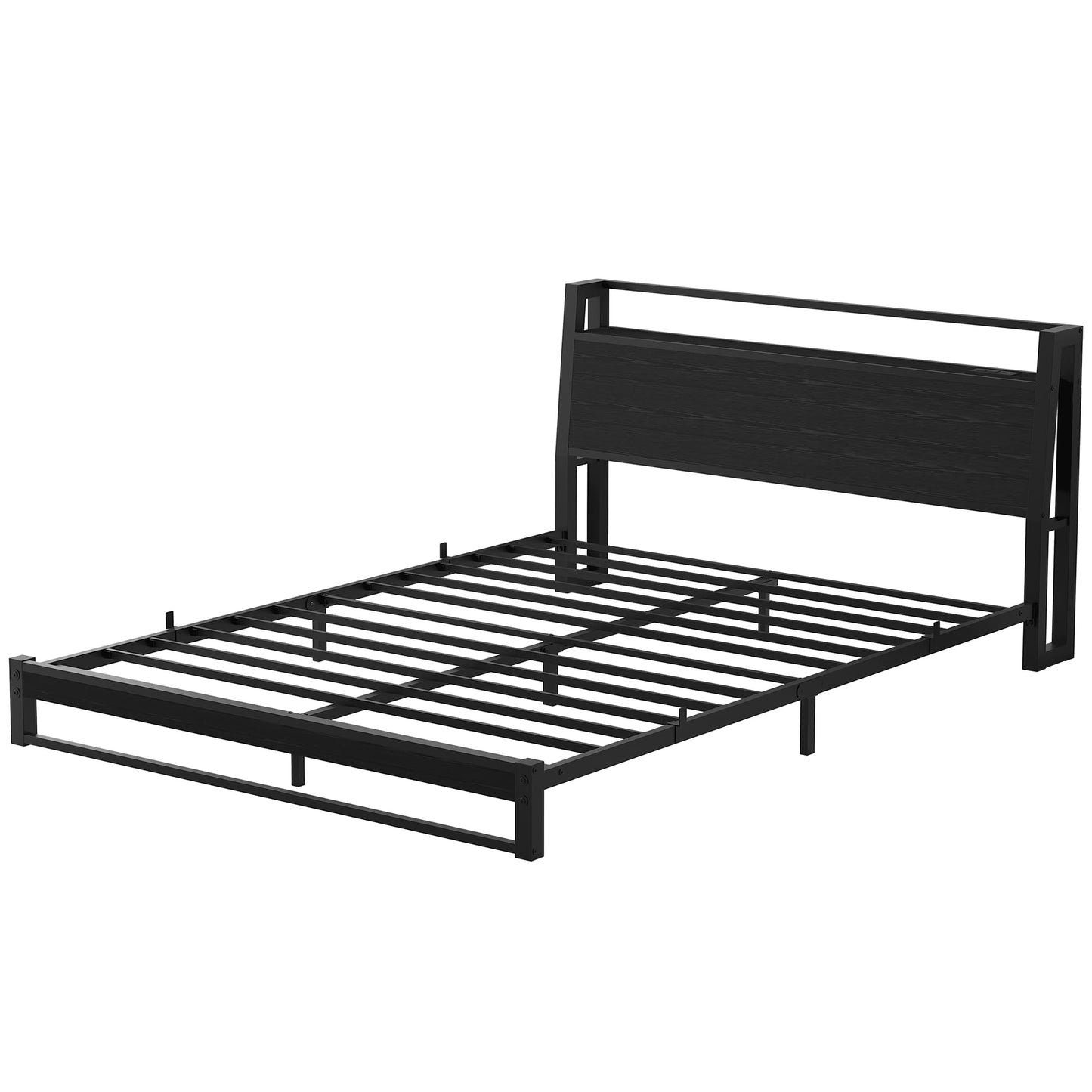 4ft6 Double Bed Frame with Ergonomic Storage Headboard,Metal Platform Low Bed Frame Double,Floor Bed Base with Charging Station and LED,Heavy Duty