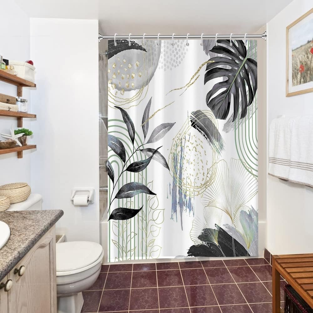 Uiiooazy Anti-Mould Shower Curtain, 150 x 180 cm, Black Tropical Palm Leaves Jungle Abstract Bath Curtains Washable Fabric Waterproof Bathroom