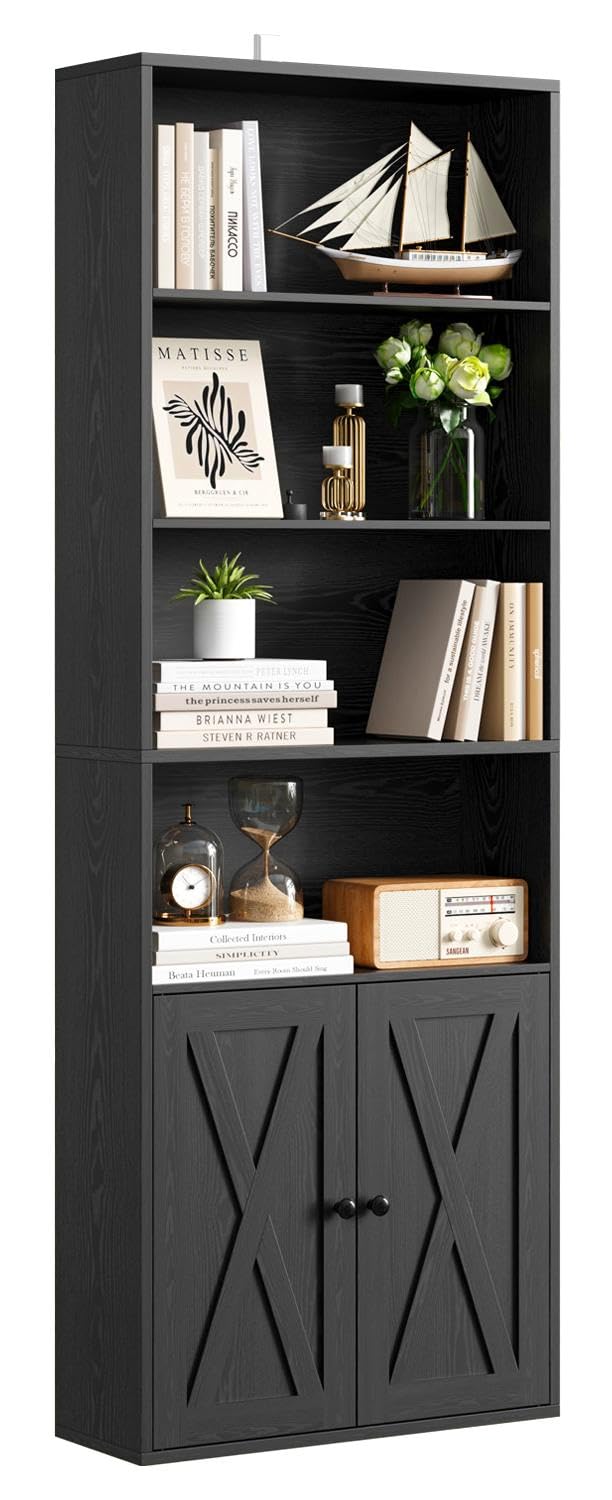 IRONCK Bookcase 6-Tier, Bookshelf with Doors, 180cm Tall Living Room Bookcases, Display Shelf Storage, Freestanding Book Shelf Unit for Home Office