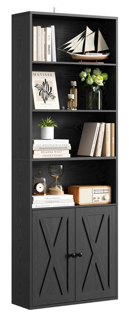 IRONCK Bookcase 6-Tier, Bookshelf with Doors, 180cm Tall Living Room Bookcases, Display Shelf Storage, Freestanding Book Shelf Unit for Home Office