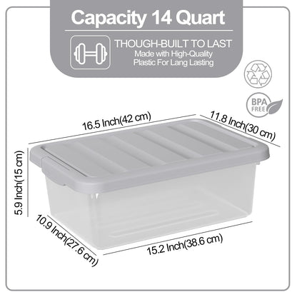 Parlynies 14 L Clear Storage Box with Gray Lid, 2 Pcs Plastic Under Bed Storage Bins for Organizing Clothes
