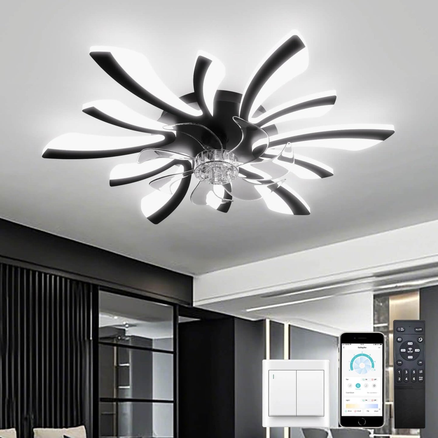 LJX Ceiling Fans with Lights and Remote Control Silent DC Modern Ceiling Fans with Lamps Timer Dimmable Reversible for Bedroom Lounge Kitchen
