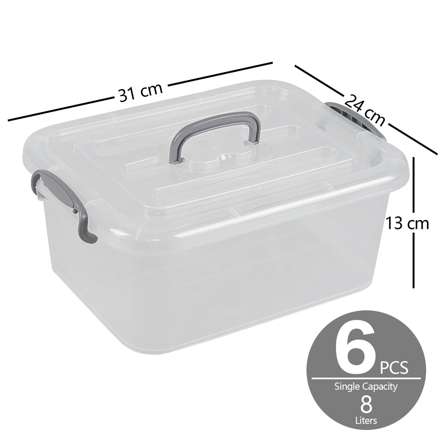 Afromy 6 Packs Storage Boxes with Lids, Clear Plastic Bin with Handle, 8L