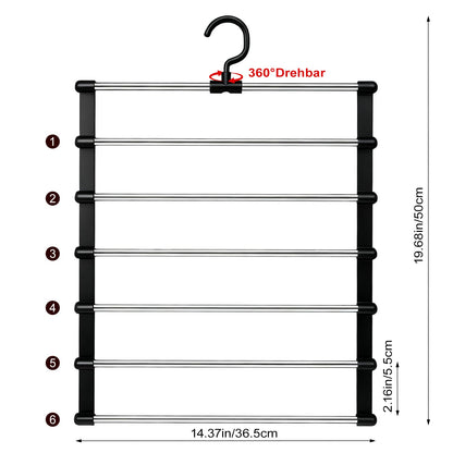 VirtuGro 2 Pack Trouser Hangers Space Saving Black Metal Coat Pants Hangers, 360° Rotatable 6-Tier Stainless Steel Multi Jeans Hanger Closet