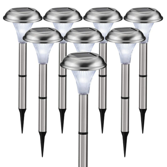 Solar Garden Lights for Outdoor  8 Brightest Light Set - Beautiful Brushed Stainless Steel - Transform Your Paths, Garden, Flowerbeds and Drive -