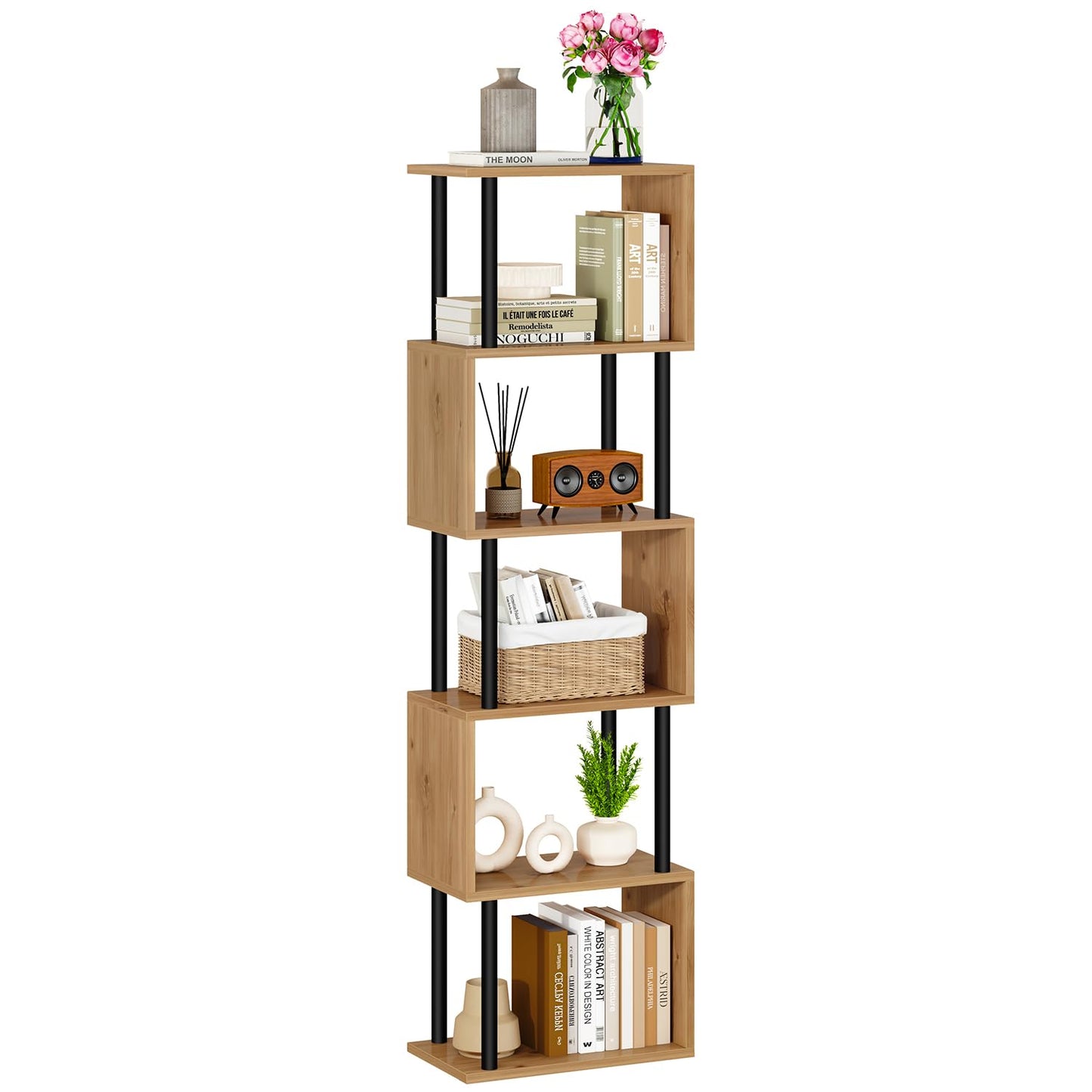 IBUYKE 6-Tier Tall Bookshelf,S-Shaped Geometric Bookcase,Oak WBC016K