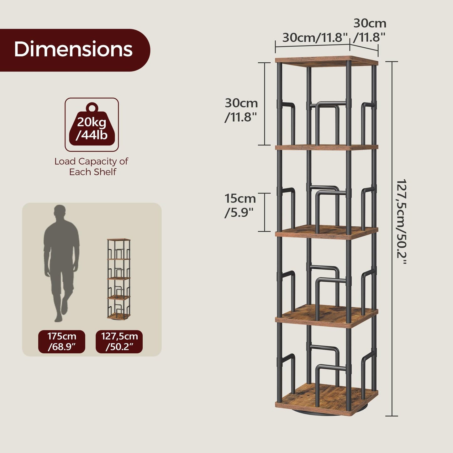 MAHANCRIS Rotating Bookshelf, 5-Tier Spinning Bookcase, 360° Revolving Bookcase, Storage Turning Shelf with Rails for Corner, Living Room, Bedroom