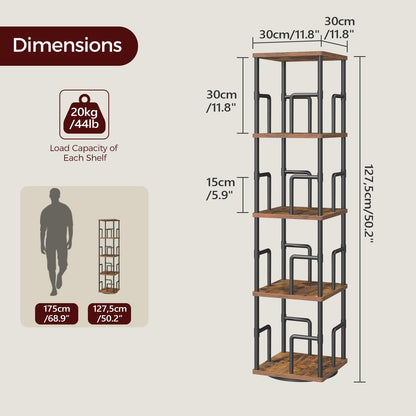 MAHANCRIS Rotating Bookshelf, 5-Tier Spinning Bookcase, 360° Revolving Bookcase, Storage Turning Shelf with Rails for Corner, Living Room, Bedroom