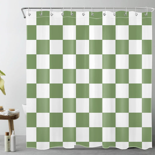 LB Green and White Plaid Shower Curtain Simple Geometric Shower Curtains for Bathroom Modern Checked Art Decor Polyester Anti Mould Waterproof Extra