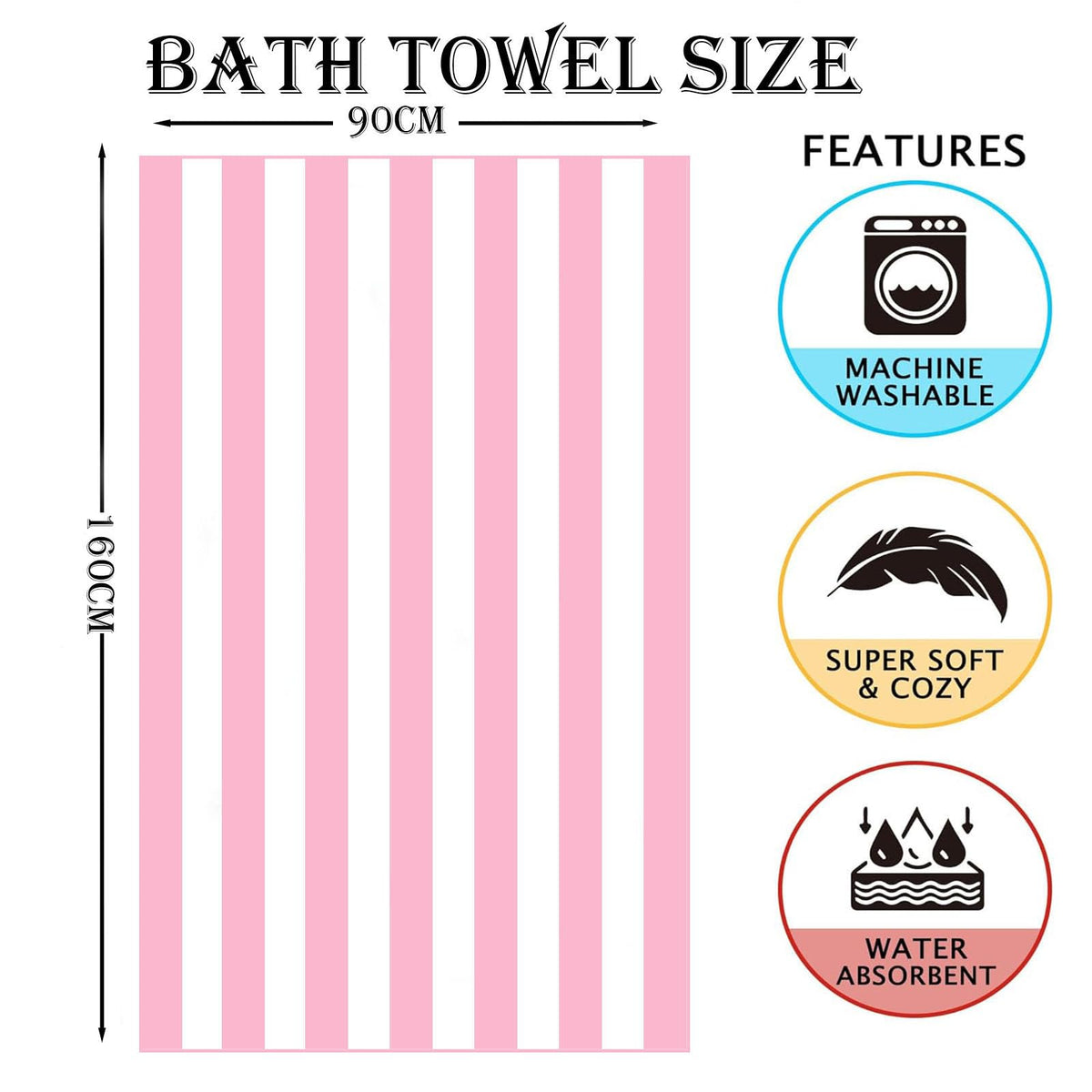 Large Thin Microfibre Beach Towel with Bag for Adult Men Women,160x90cm Pink Stripe Beach Towels Quick Dry Sand Free Lightweight Swim Bath Towel for