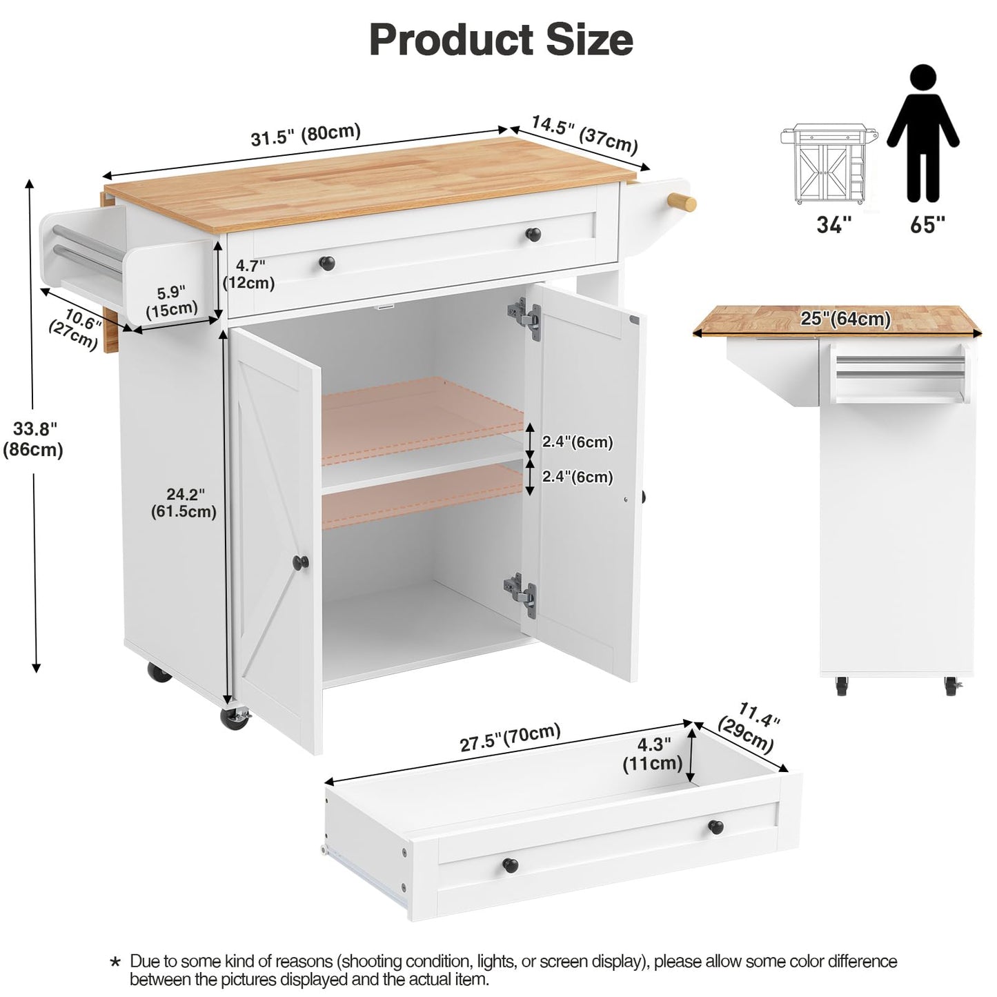 Yvsevnr Kitchen Island with Drawers on Wheels, Rolling Kitchen Island Cart with Towel & Spice Rack, Drop Leaf