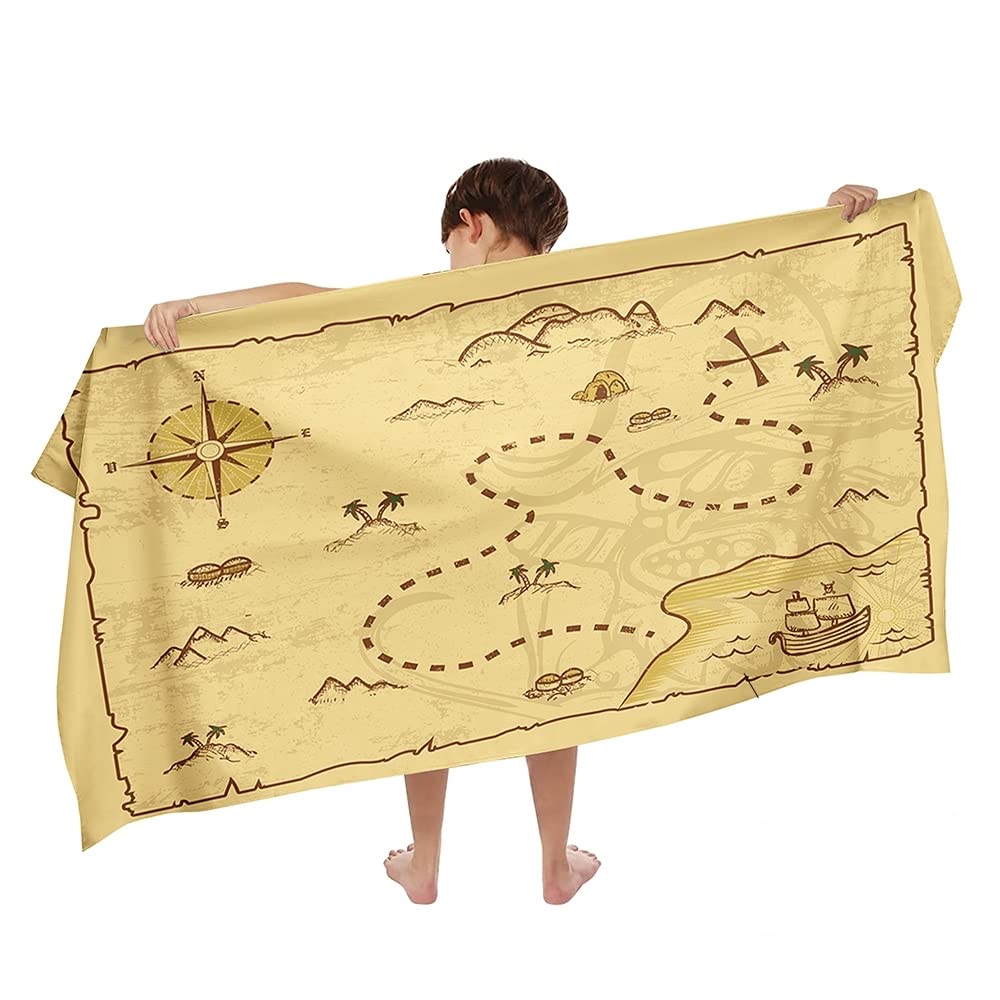 Ulticool Microfibre Children's Towel 140 x 70 cm - Treasure Map Pirate Dinosaur - Lightweight Quick Drying Bath Towel