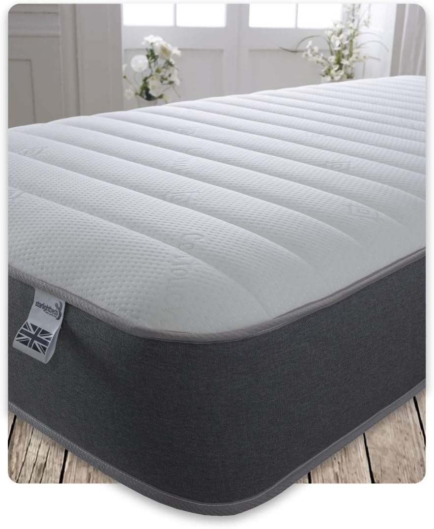 Starlight Beds Cooltouch Linear 8 Inch Hybrid Mattress. 2ft6 Small Single Mattress with Memory Foam Layer & Springs. Grey/White, Soft. (2ft6 x 6ft3)