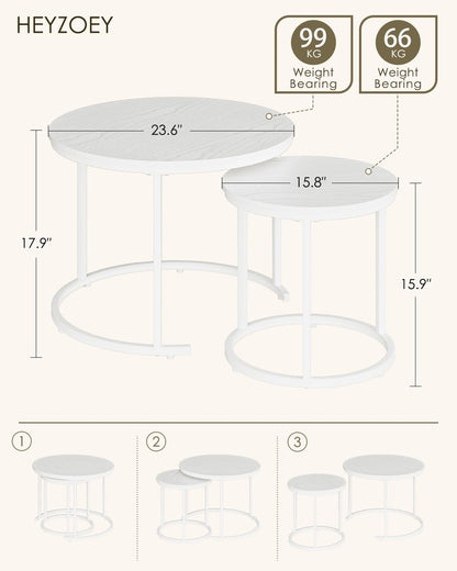 HEYZOEY Round Coffee Tables, Removable Set of 2 End Table, Nesting Tables with White Metal Frame Legs and Wooden white Top for Living Room, Bedroom