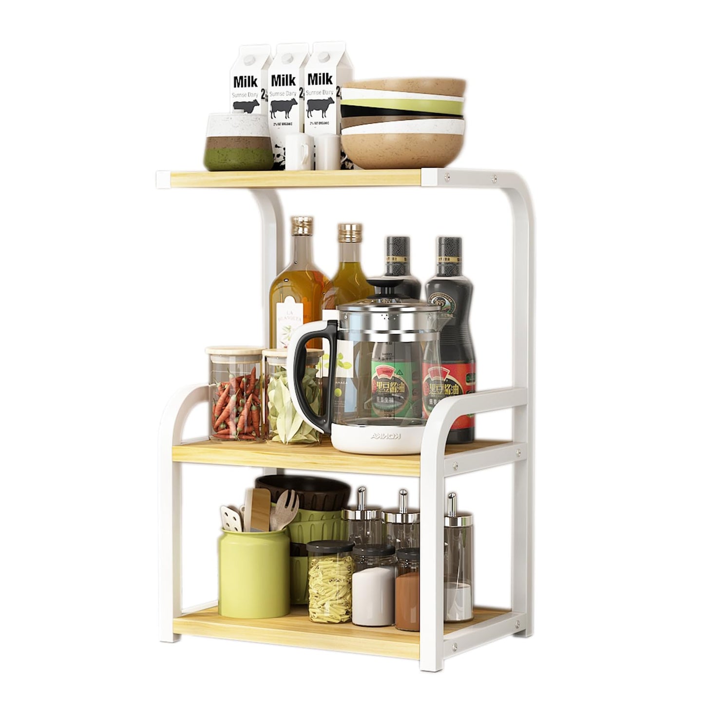 Numjeg Kitchen 3-Tier Spice Rack Metal Rack Counter Shelf Desktop Storage Small Organizer Standing Seasoning Countertop Living Room Desktop White