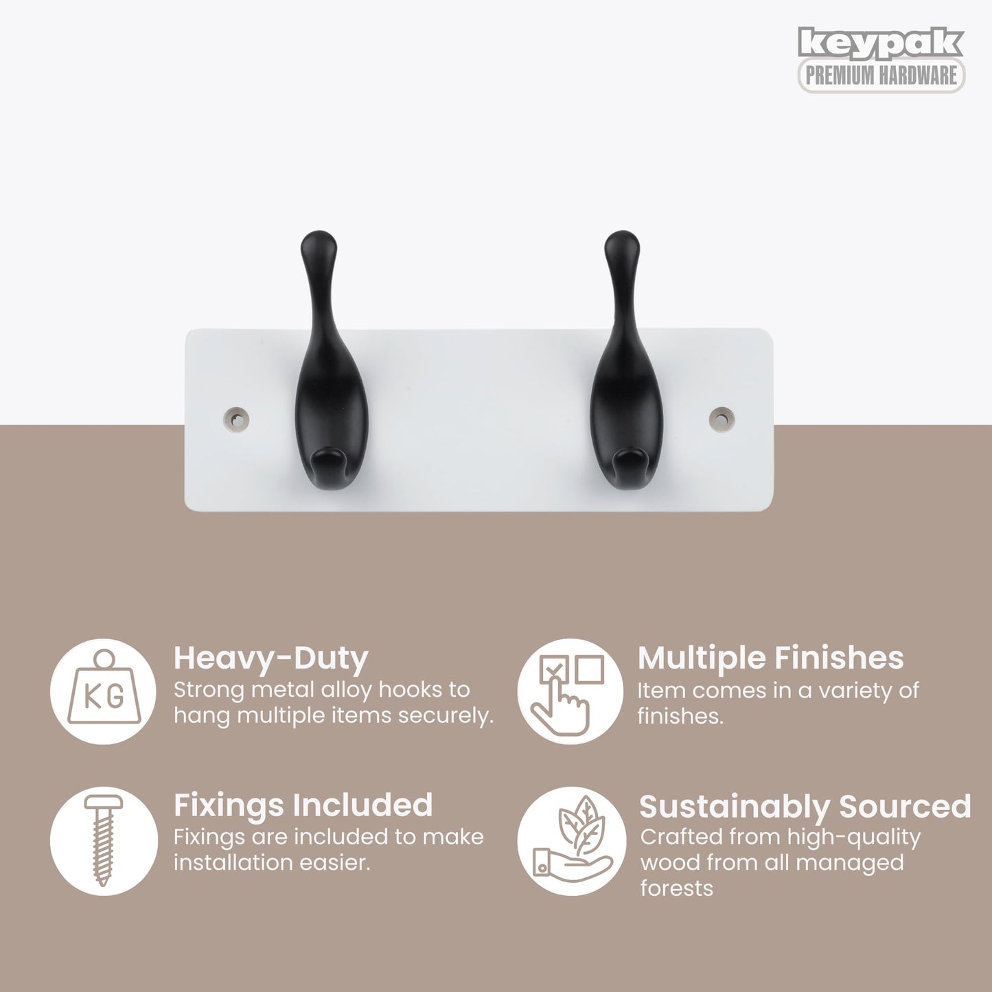 keypak 2 Matte Black Coat Hooks on White Wooden 22.5cm Board 3.4kg Per Hook