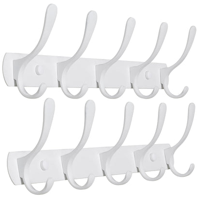 SKOLOO Modern Metal Coat Rack Wall Mount with 5 Hooks, Pack of 2, Sturdy Wall Coat Hooks for Hanging Coats, Jacket, Clothes, Hat, White