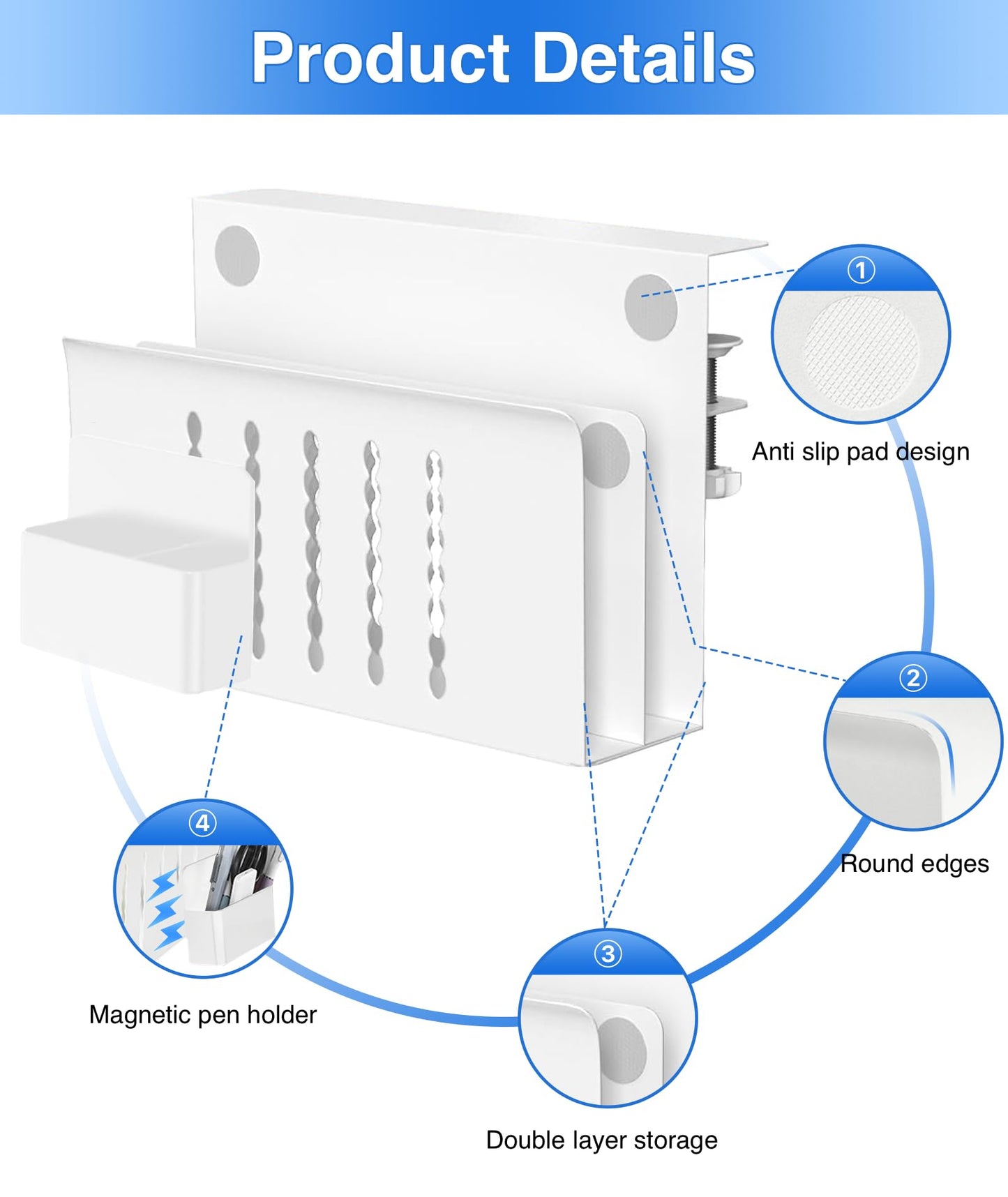 Torchesy Laptop Stand Vertical Under Desk Storage Mount With Side Storage for All Laptops and Tablets (White, Double Layer With Pen Holder)